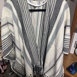 Aerie Stripped Knit Poncho Sweater - Gray & White